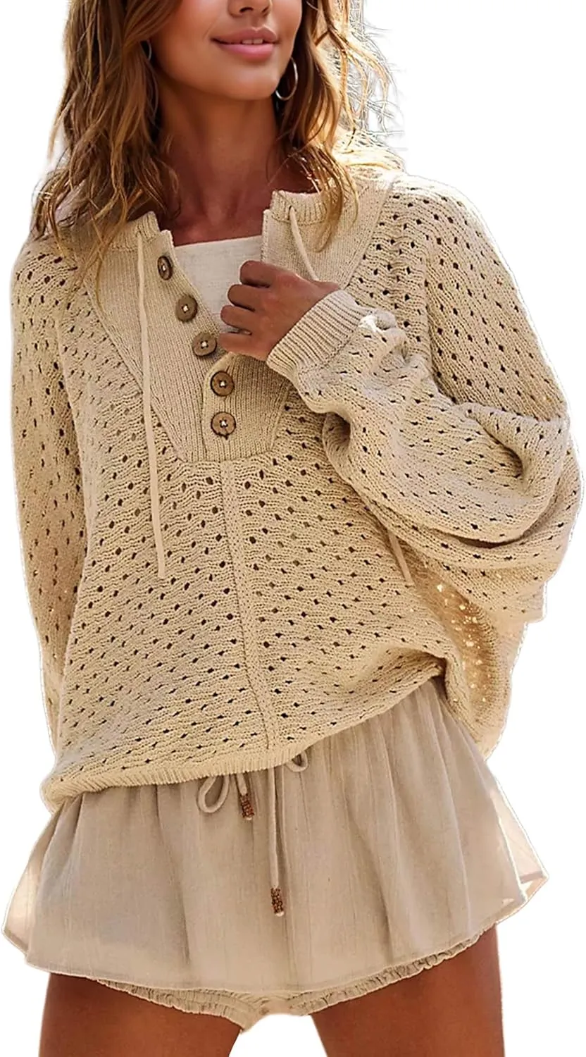 Women Oversized Knit Sweatshirt Hollow Long Sleeve Button Drawstring V Neck Pullover Sweaters