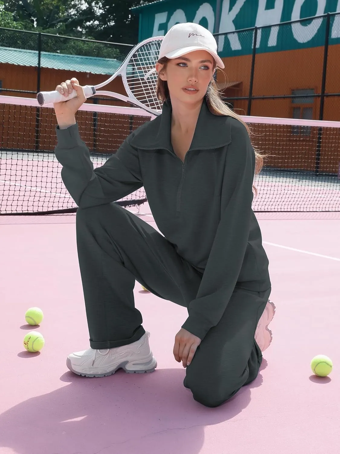 Women's 2 Piece Sets Sweatsuit Lapel Half Zip Sweatshirt Sweatpants Lounge Matching Sets Fall Outfits