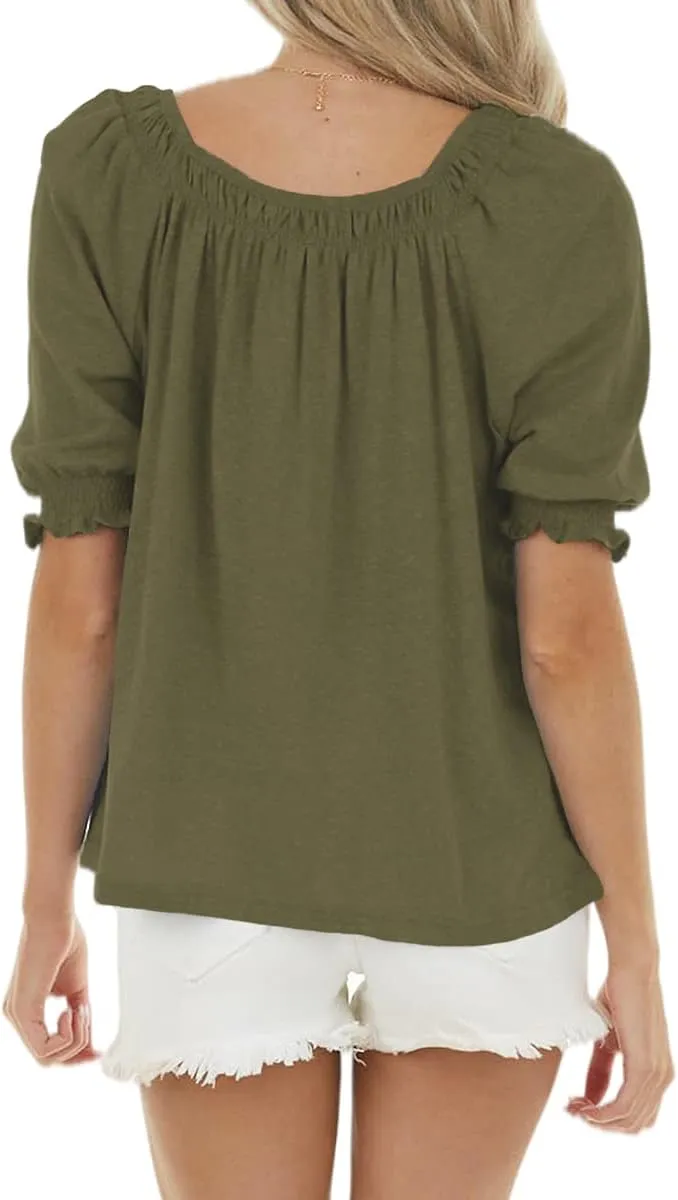 Womens Casual Square Neck Puff Half Sleeve Tops Pleated Loose Basic Summer T Shirts Blouses