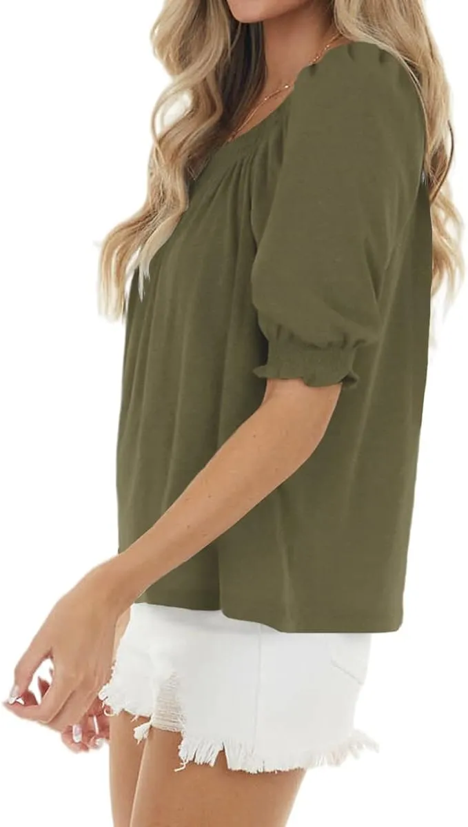Womens Casual Square Neck Puff Half Sleeve Tops Pleated Loose Basic Summer T Shirts Blouses