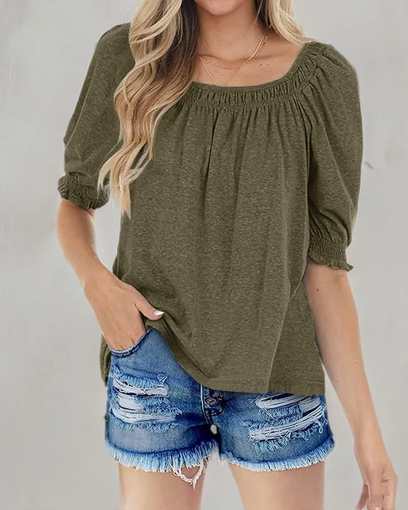 Womens Casual Square Neck Puff Half Sleeve Tops Pleated Loose Basic Summer T Shirts Blouses