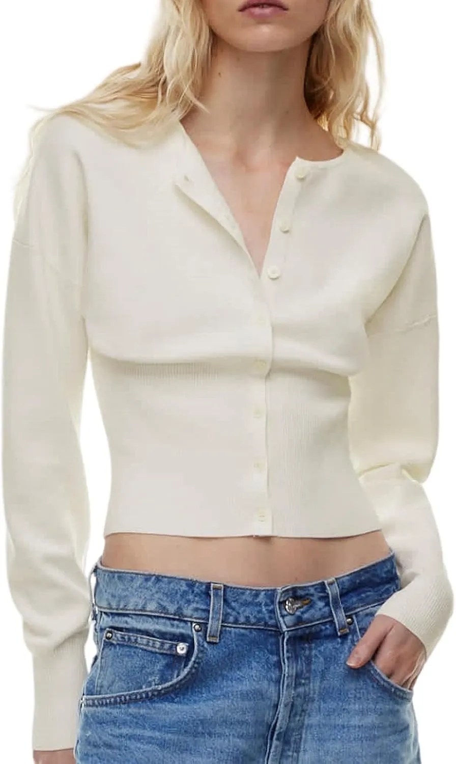 Womens Cropped Sweaters Fall Button Down V Neck Long Sleeve Pullover Solid Casual Ribbed Knit Slim Fit Cardigan