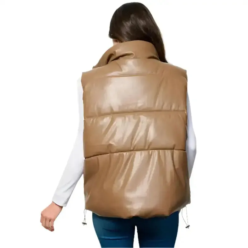 Women's Khaki Sleeveless Puffer Vest – Zip-Up Jacket with Pockets