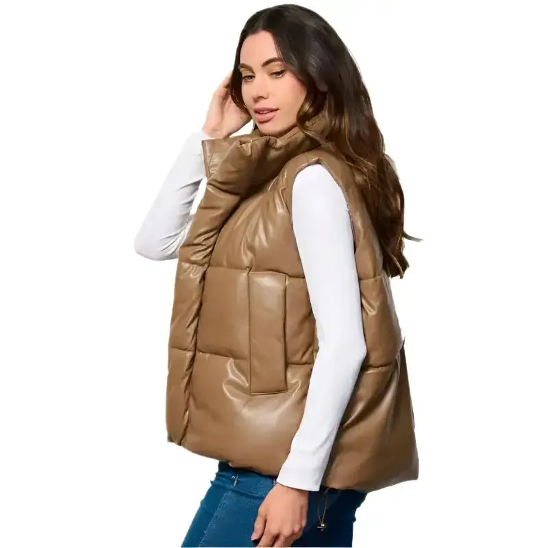 Women's Khaki Sleeveless Puffer Vest – Zip-Up Jacket with Pockets