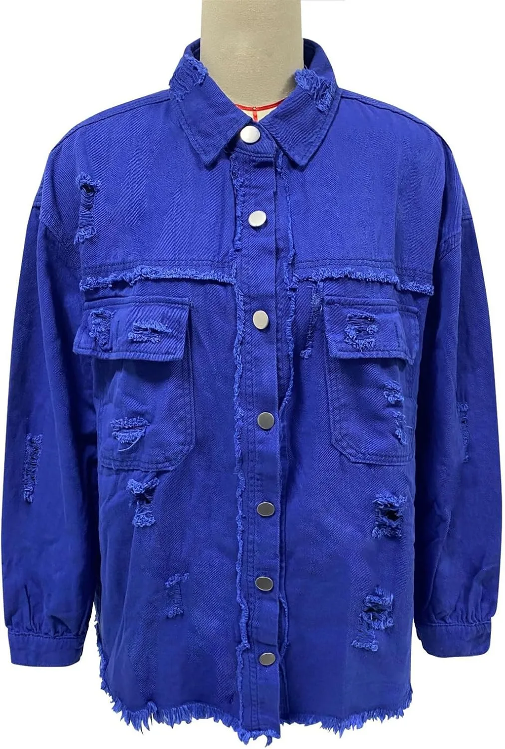 Women's Oversized Denim Jacket Button Up Frayed Hem Shacket Boyfriend Jean Coat Long Sleeve Stretchy Jackets Outfits