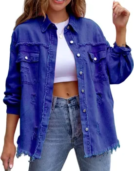 Women's Oversized Denim Jacket Button Up Frayed Hem Shacket Boyfriend Jean Coat Long Sleeve Stretchy Jackets Outfits