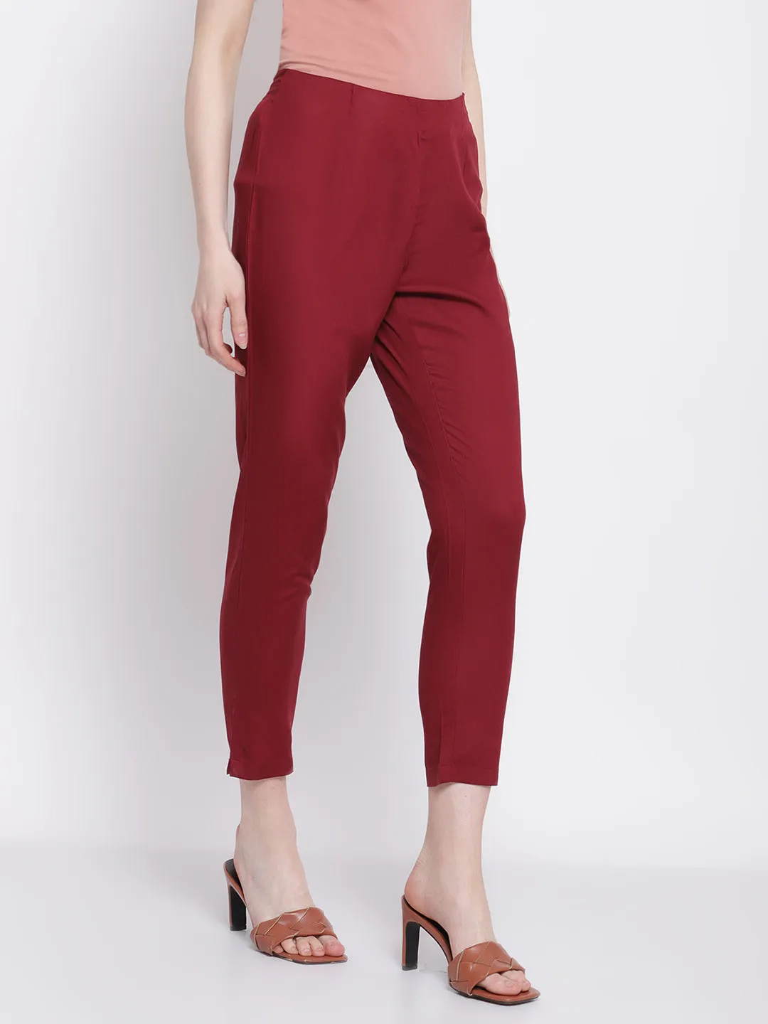 Women's Regular Slim Fit Wine Flat Front Mid rise Ethnic Pant