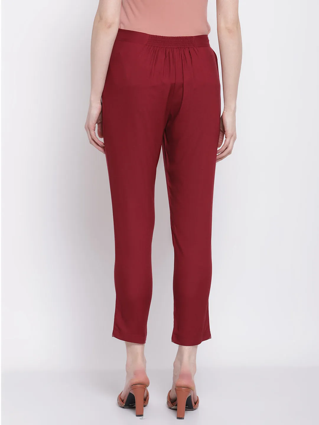 Women's Regular Slim Fit Wine Flat Front Mid rise Ethnic Pant
