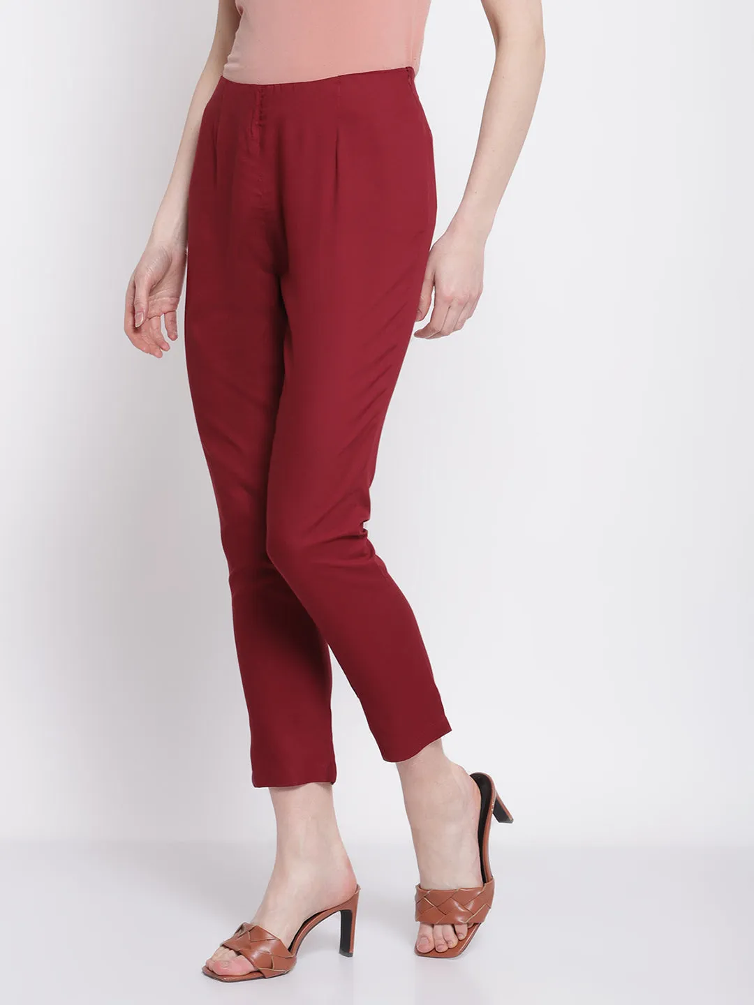 Women's Regular Slim Fit Wine Flat Front Mid rise Ethnic Pant